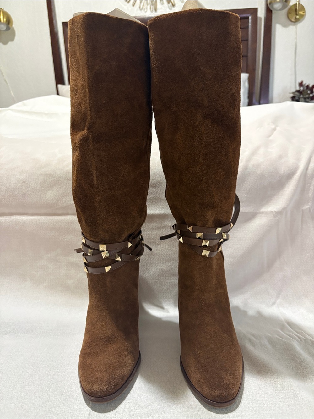 ANTONIO MELANI Brown Suede Knee Boots with Studded Wrap Straps